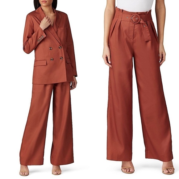 SWEET BABY JAMIE High Rise Rust Flowy Wide Leg Pleated Paperbag Waist Trousers 4 - Picture 1 of 8